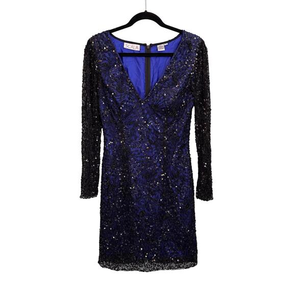 Scala Evening Dress 10 Blue Sheath Mini Sequined Beaded V Neck Cocktail Party